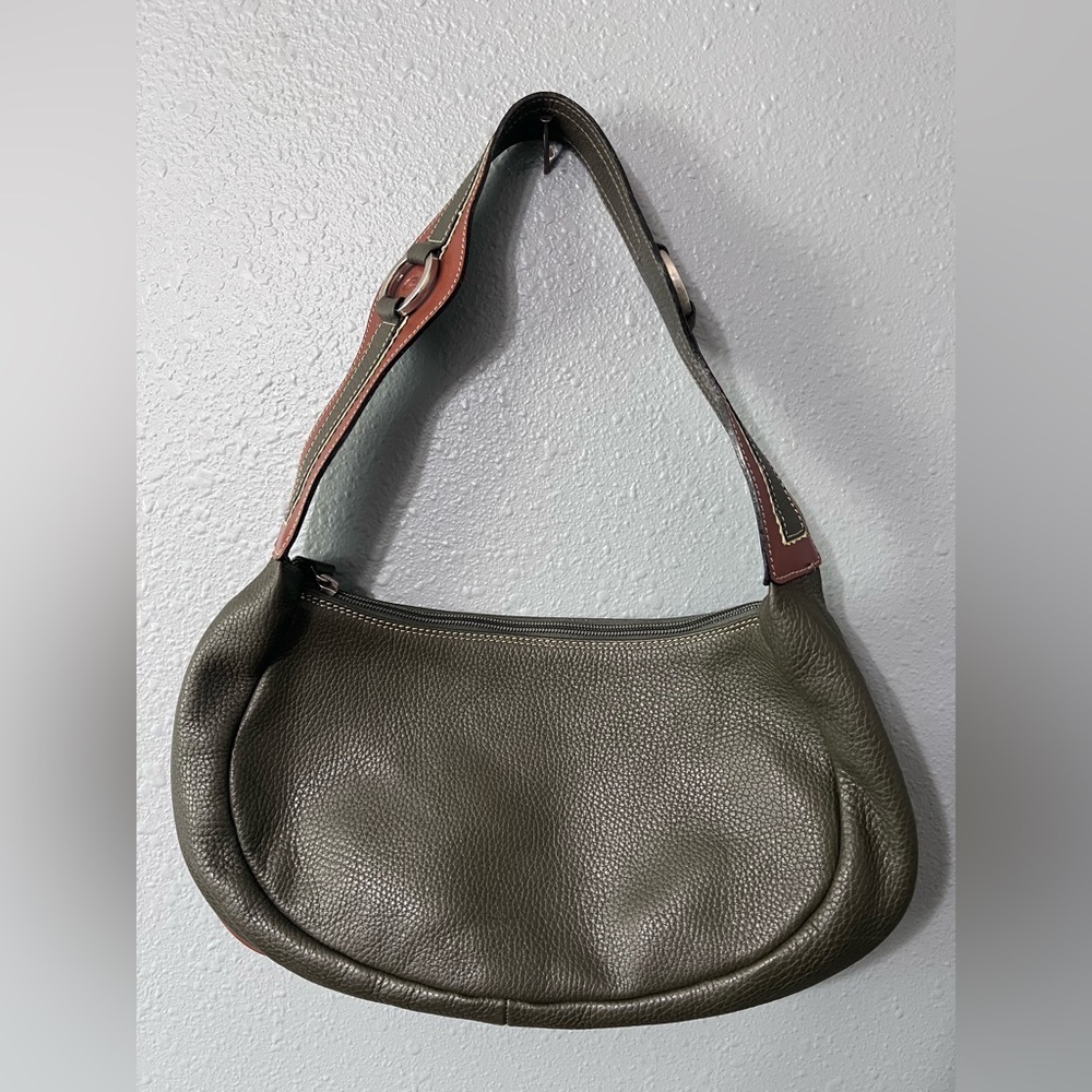 CATS Olive Green/Tan Leather Purse Made In Spain Handbag Shoulder Hobo Pebbled